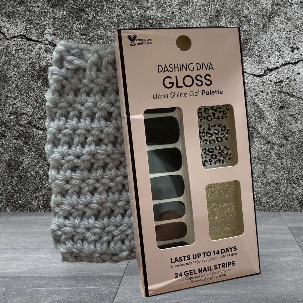 Dashing Diva Gloss Gel Nail Strips(Black/Gold/Leopard) &Gray Crochet Bag